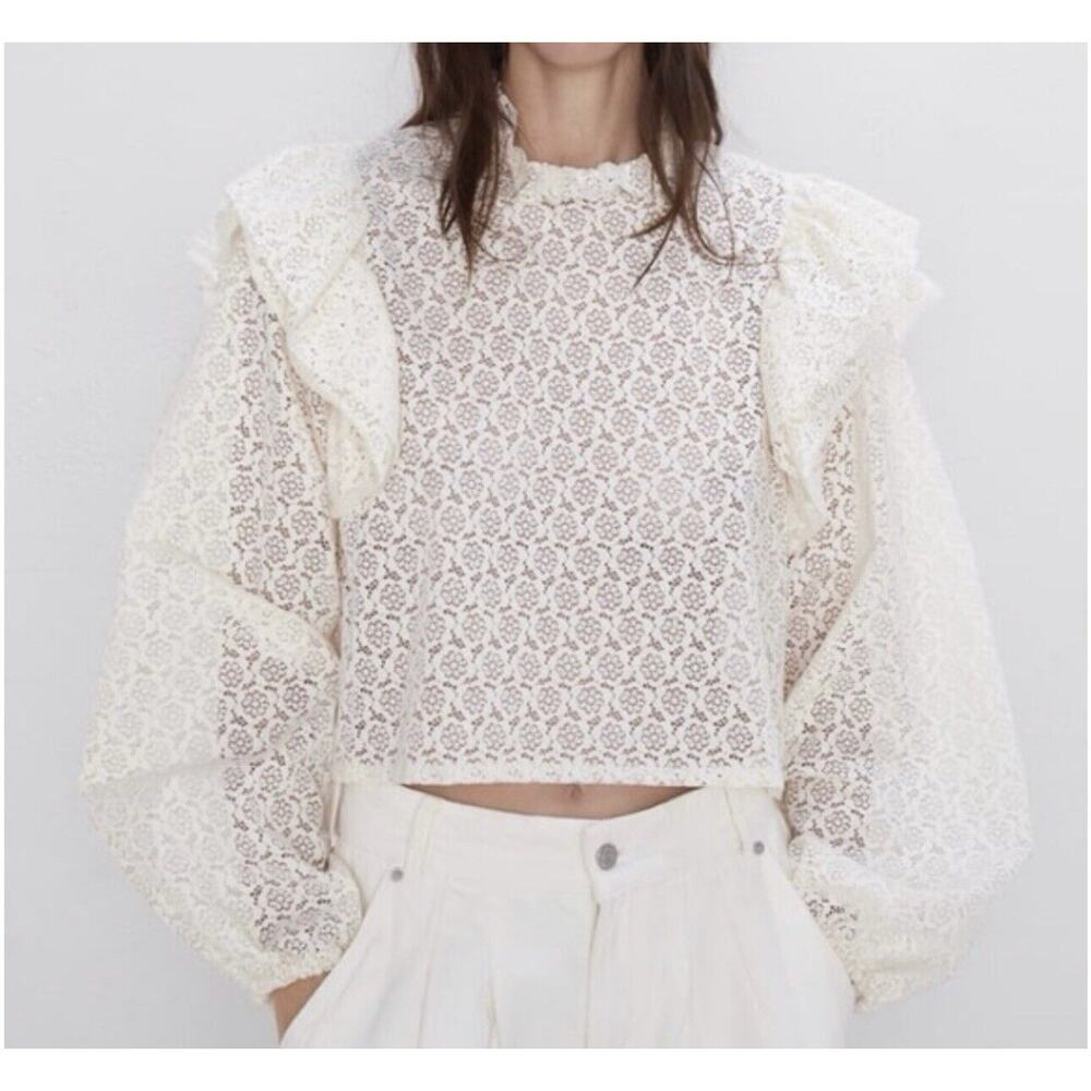 Zara Womens Textured Weave Top Small Ruffle Feminine Romantic Victorian Floral